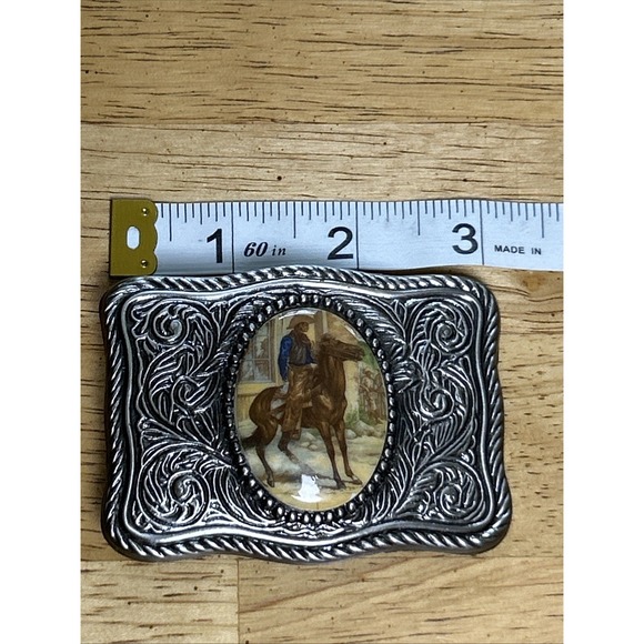 Vintage Way Out  West Silver Toned Belt Buckle Indian On Horseback Inset Picture - Picture 1 of 5